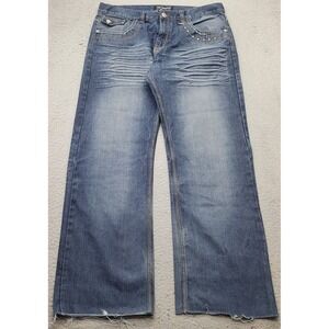 Chams Premium Straight Jeans Mens 36 Blue Denim Stud Rivet Embellishment Raw Hem